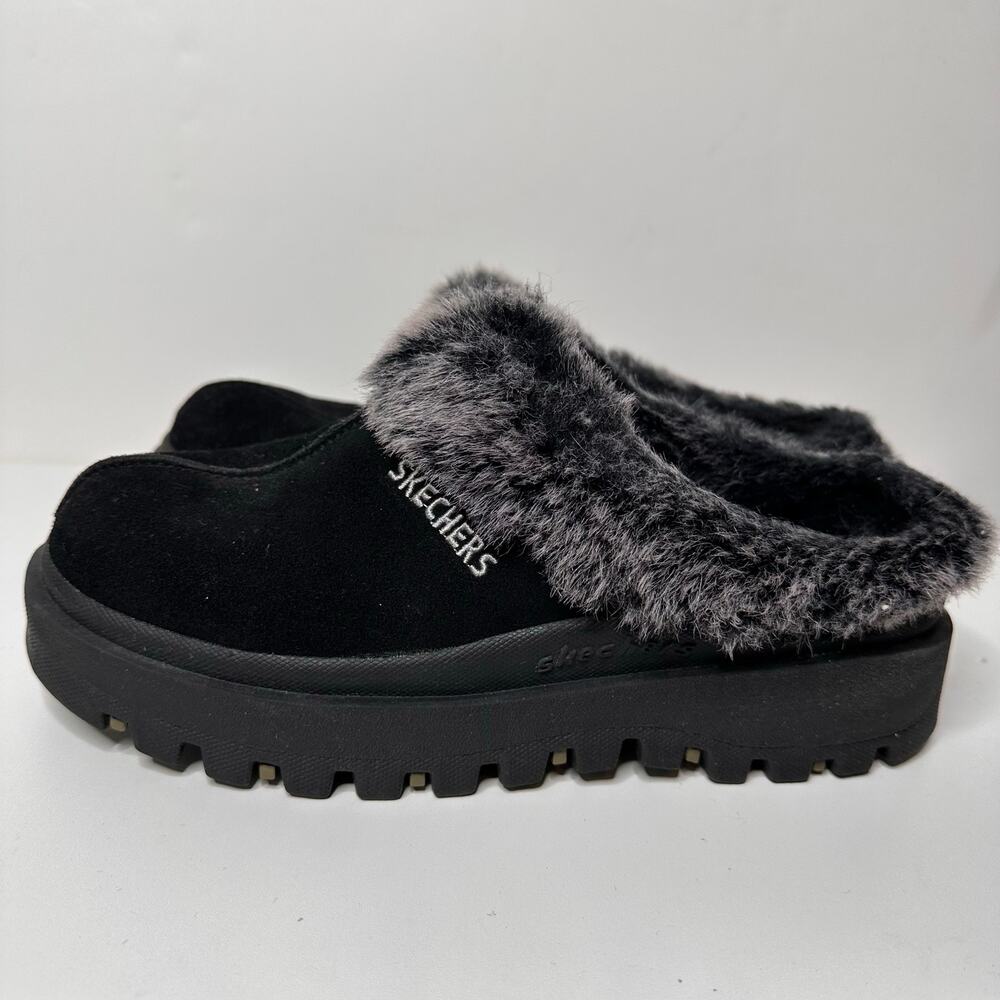 VTG Skechers Clog Mule Y2K Faux Fur Slipper Shoes Chunky Black Suede PLEASE READ